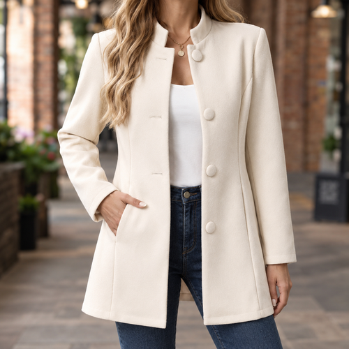 Woman wearing a white longline blazer with a stand collar and tonal covered buttons
