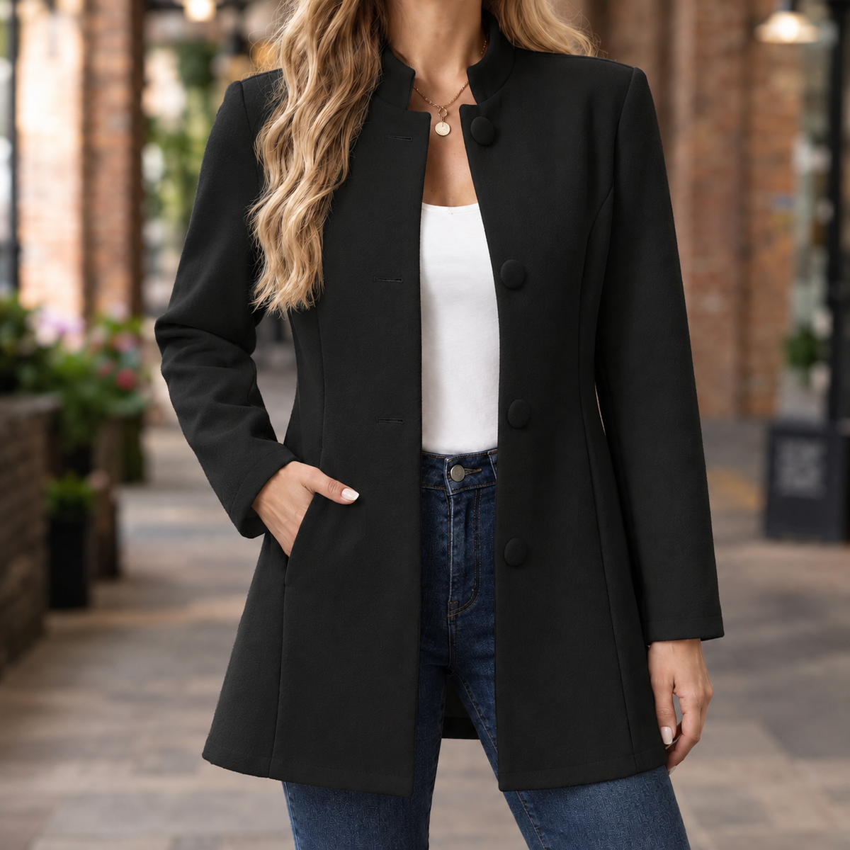 Woman wearing the stand collar blazer in black