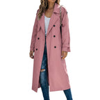 Woman wearing the longline trench coat in pink