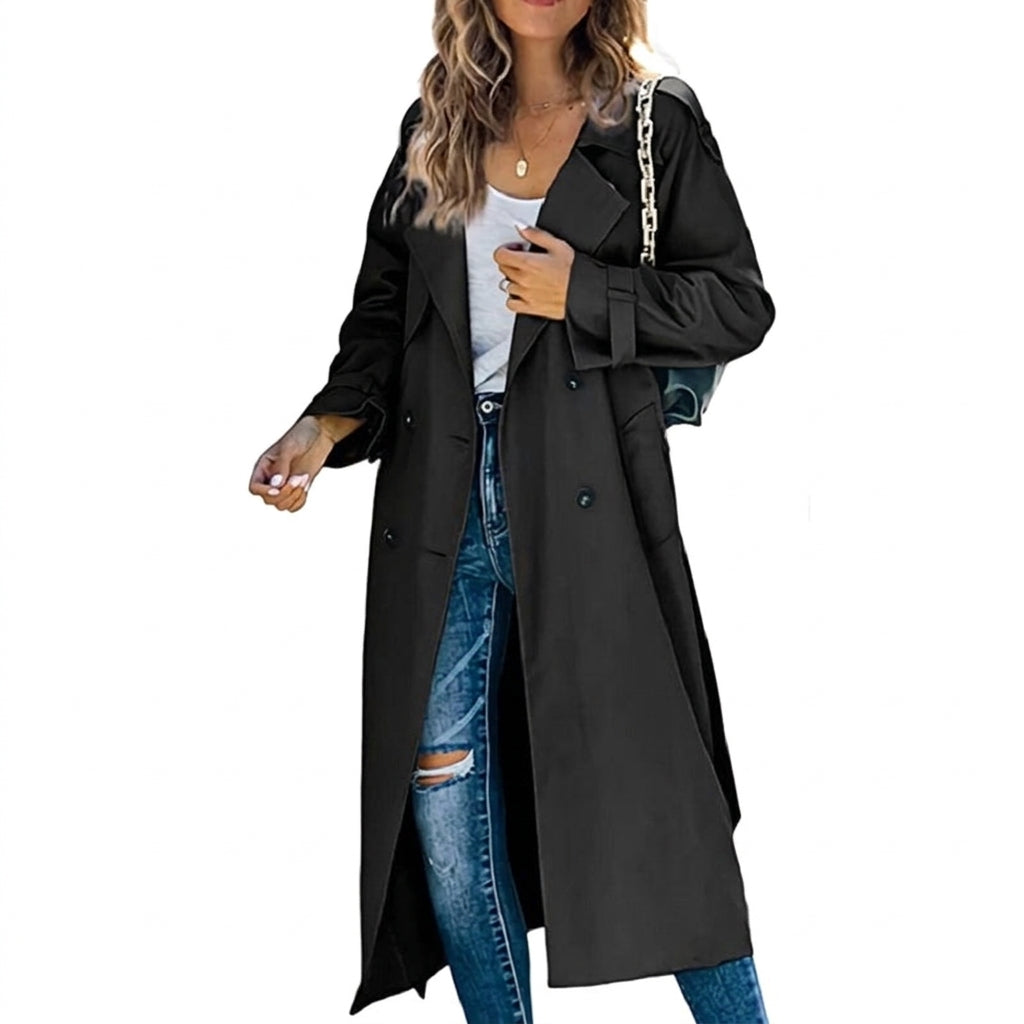 Woman wearing the longline trench coat in black