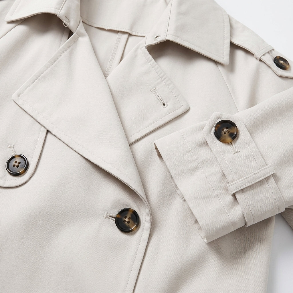 Close view of the trench coat showing its lapel and button details