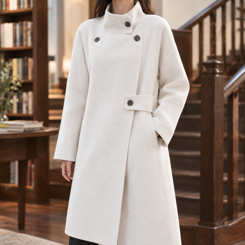 Woman wearing a white longline wool coat with a high collar and asymmetric dark buttons