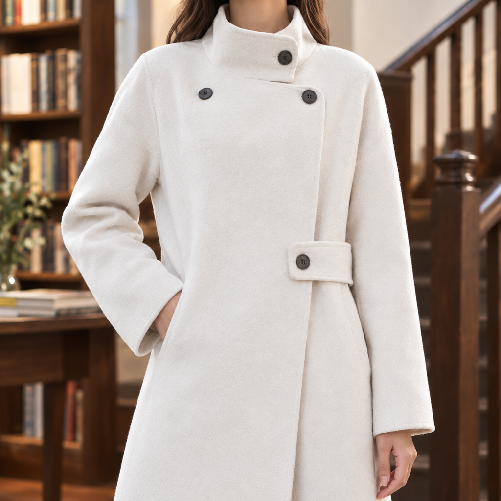 Close view of the white wool coat showing its stand collar and offset button front