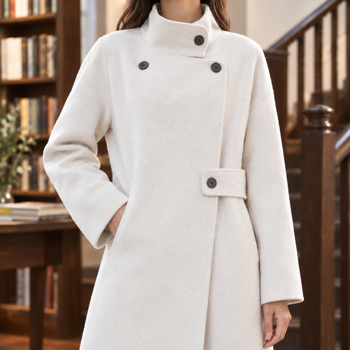 Close view of the white wool coat showing its stand collar and offset button front