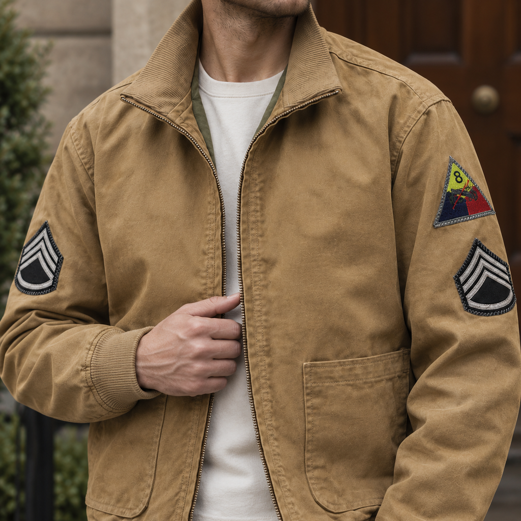 Aviator Jacket detail view 2 showing the embroidered sleeve patches and ribbed collar.