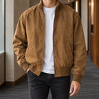 Bomber Jacket in Brown showing the ribbed collar, cuffs, and hem