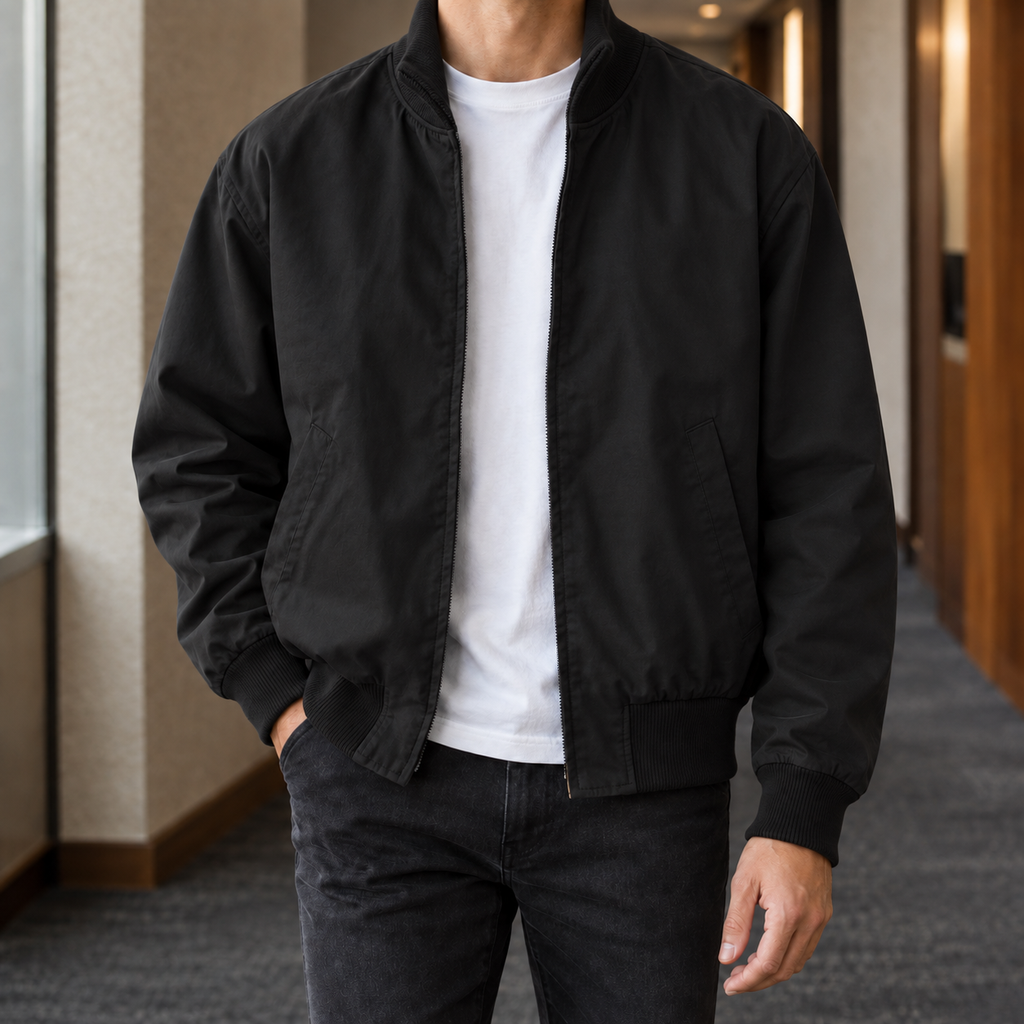 Bomber Jacket in Black showing the ribbed collar, cuffs, and hem