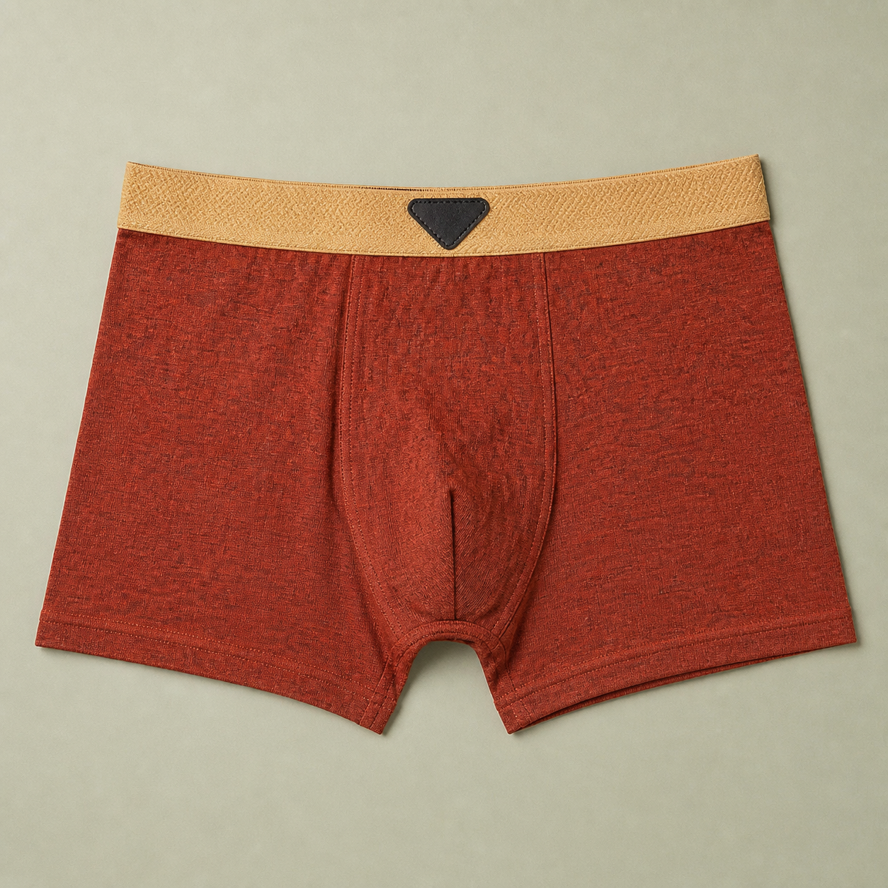 Rust red boxer briefs with a tan elastic waistband, shown individually as a garment detail.