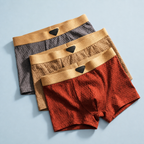 Three boxer briefs in rust red, tan and gray with wide tan elastic waistbands.