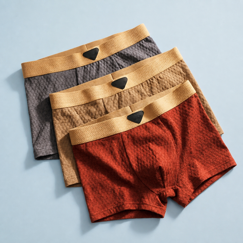 Three boxer briefs in rust red, tan and gray with wide tan elastic waistbands.