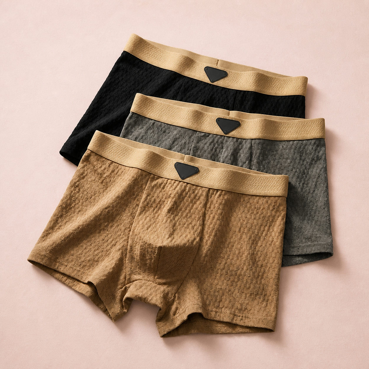 Three boxer briefs in tan, gray and black with wide tan elastic waistbands.