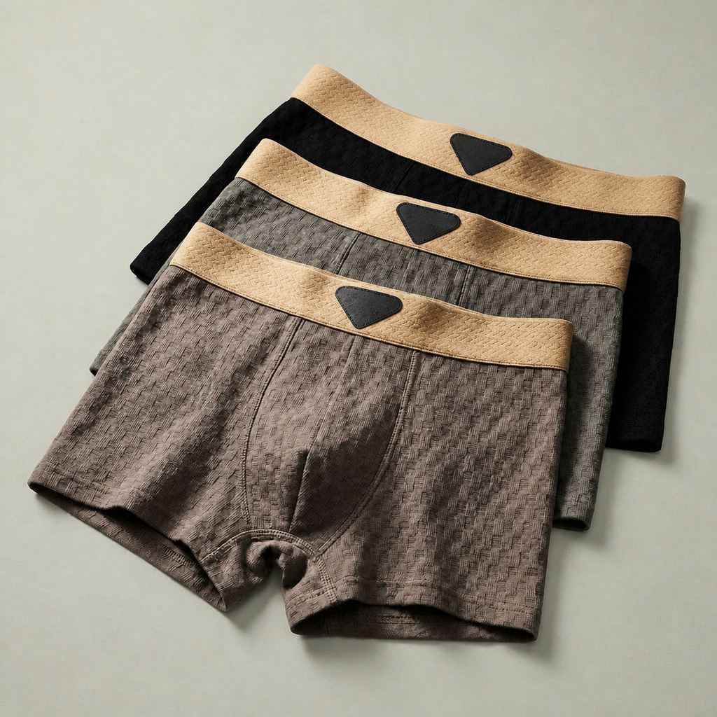 Three boxer briefs in taupe, gray and black with wide tan elastic waistbands.