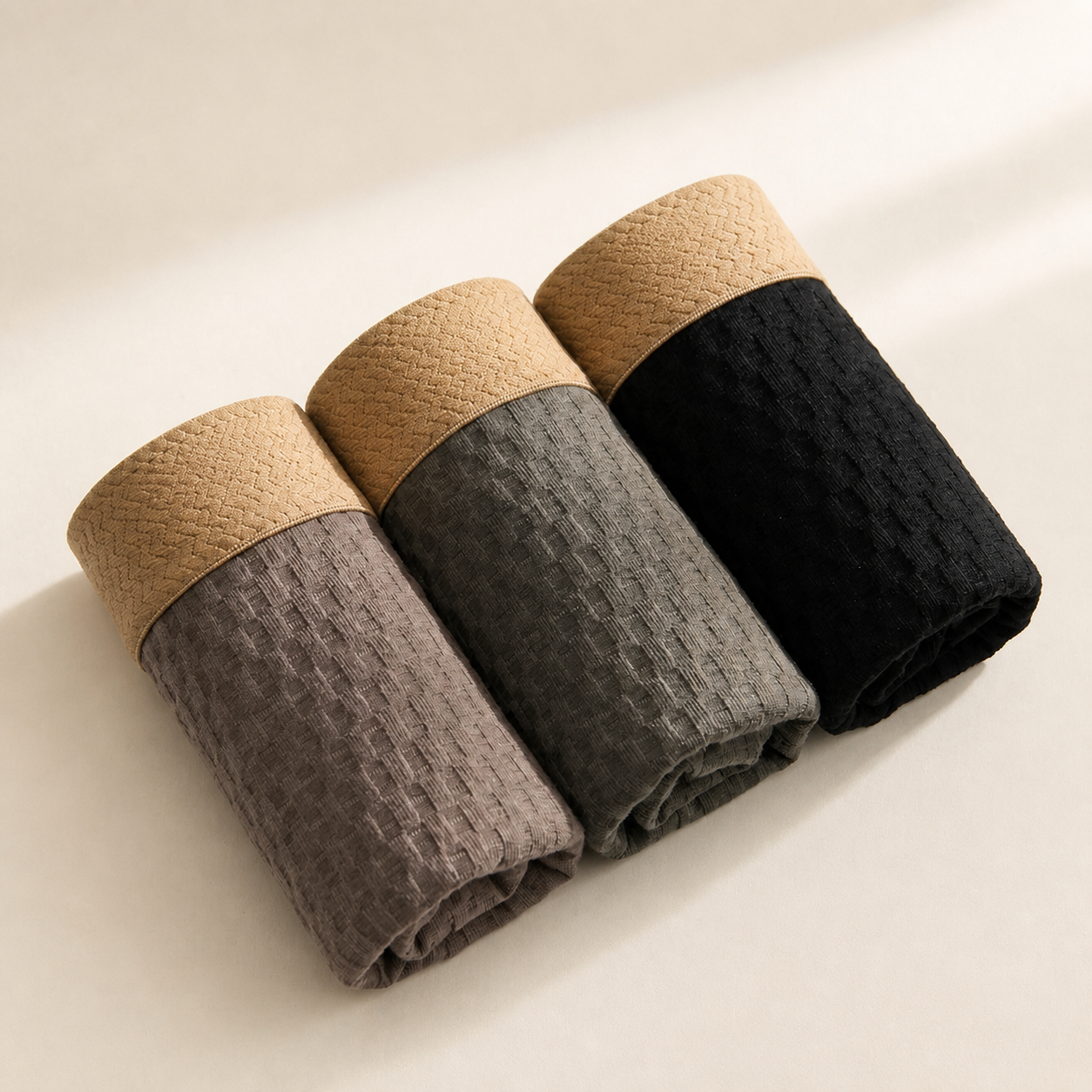 Three rolled boxer briefs in taupe, gray and black with tan elastic waistbands.
