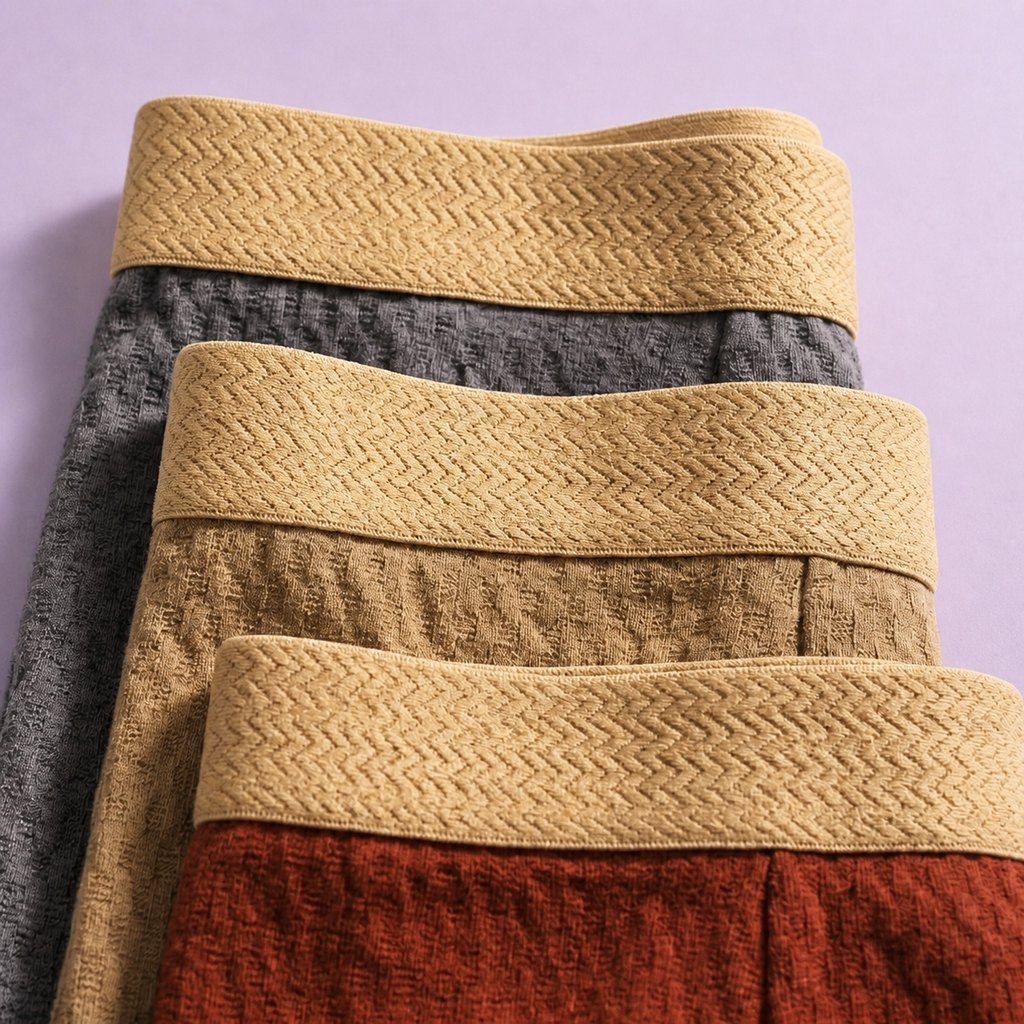 Boxer briefs showing the wide tan elastic waistbands and textured fabric in close-up.