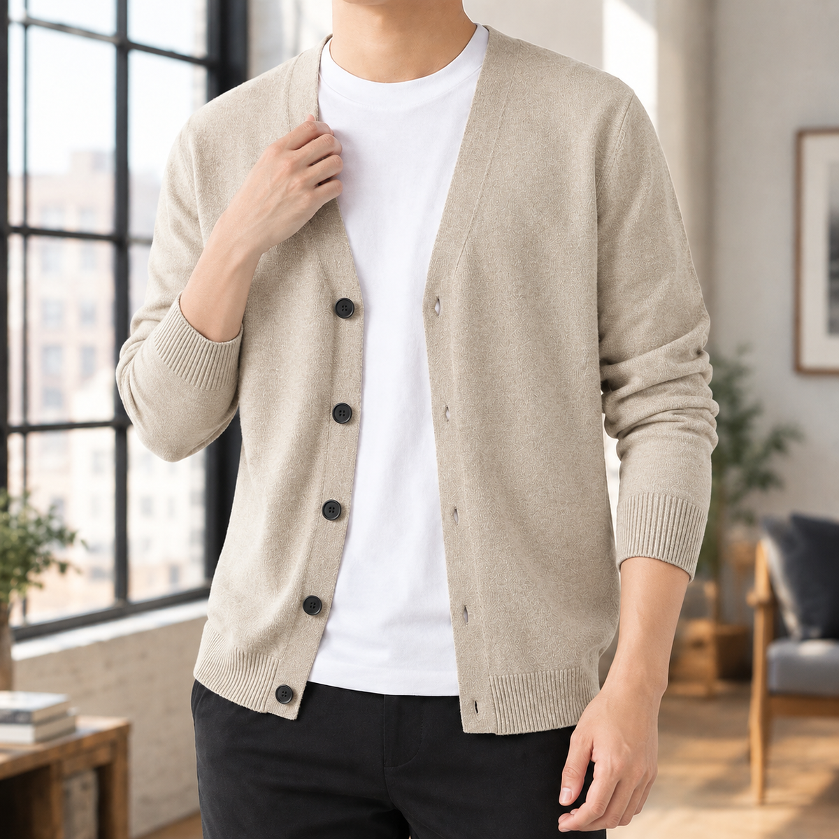 Men's Button Front Cardigan | Deep V Neck With Patch Pockets - image 4