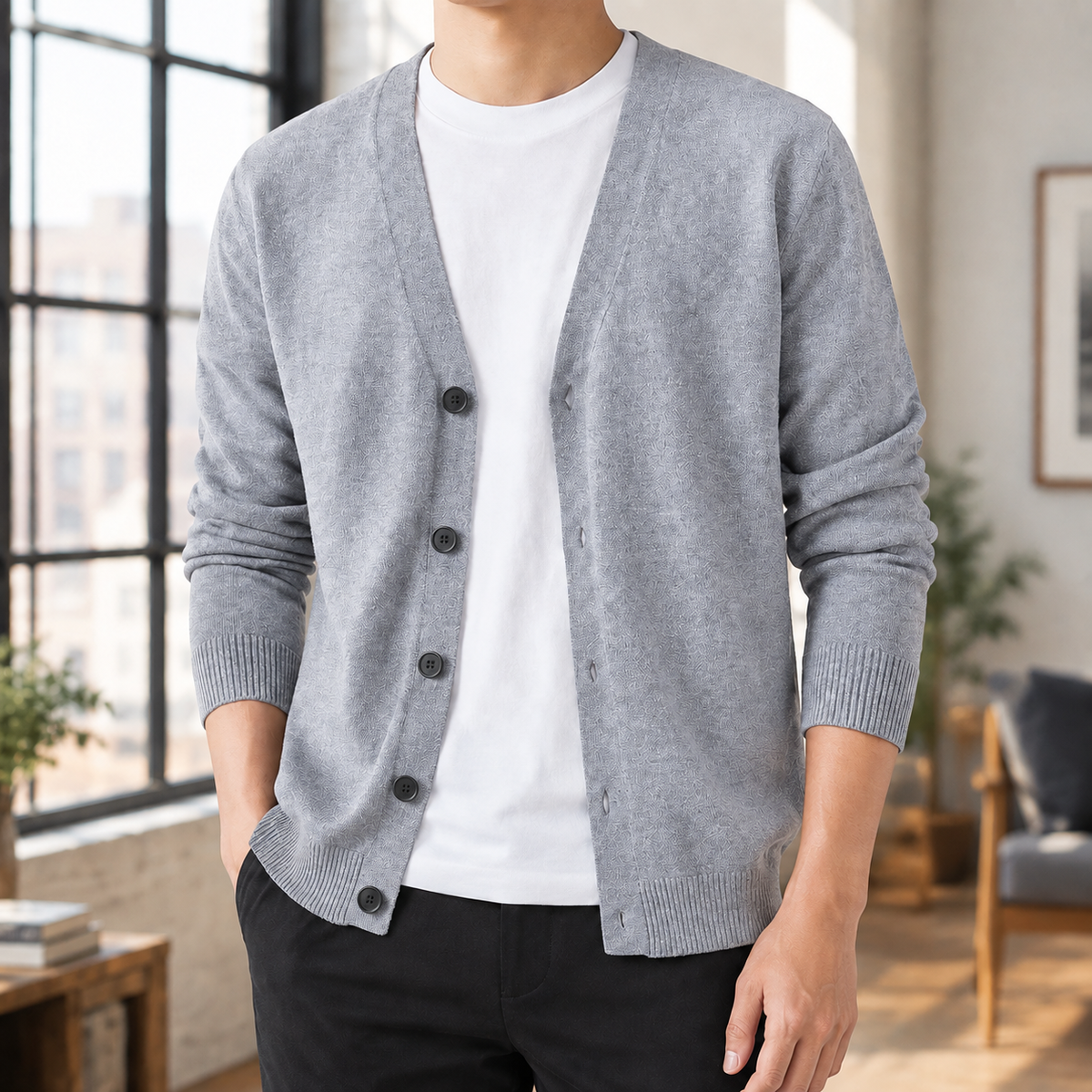 Men's Button Front Cardigan | Deep V Neck With Patch Pockets - image 5