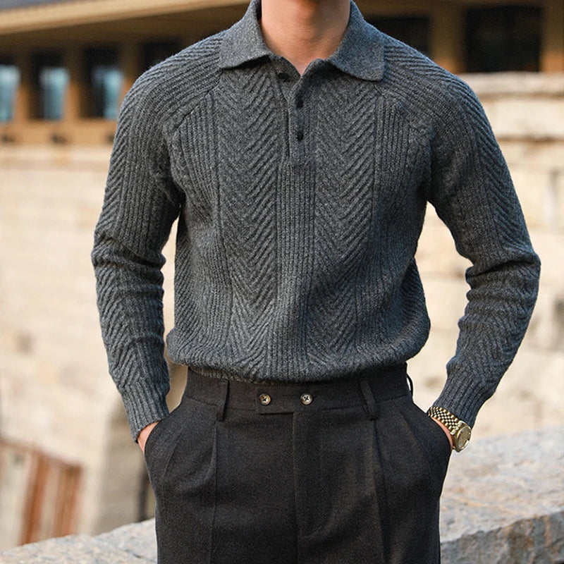 Men's Cable Knit Polo | Tailored Wool Blend Sweater - image 2