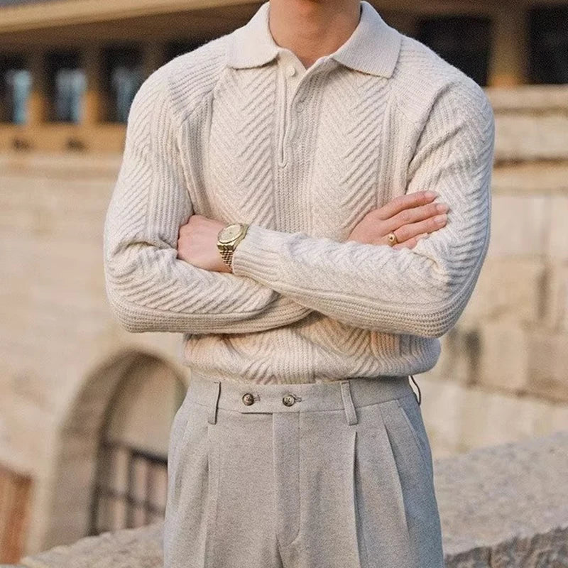 Men's Cable Knit Polo | Tailored Wool Blend Sweater - image 3
