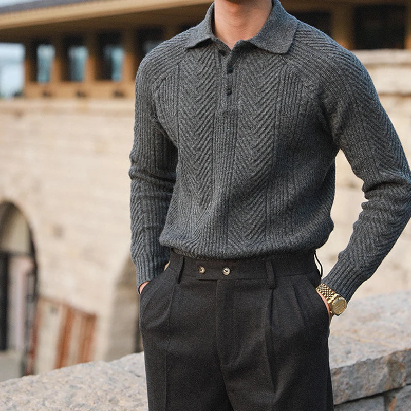 Men's Cable Knit Polo | Tailored Wool Blend Sweater - image 8