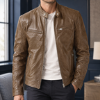 Cafe Racer Jacket in Brown showing the snap tab collar and four zipped pockets.