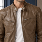 Cafe Racer Jacket detail view 2 showing the snap tab collar and four zipped pockets.
