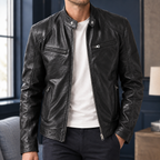 Cafe Racer Jacket in Black showing the snap tab collar and four zipped pockets.