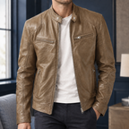 Cafe Racer Jacket in Khaki showing the snap tab collar and four zipped pockets.