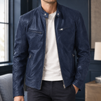 Cafe Racer Jacket in Navy Blue showing the snap tab collar and four zipped pockets.