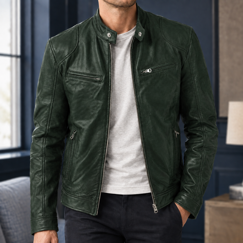 Cafe Racer Jacket in Dark Green showing the snap tab collar and four zipped pockets.