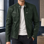 Cafe Racer Jacket in Dark Green showing the snap tab collar and four zipped pockets.