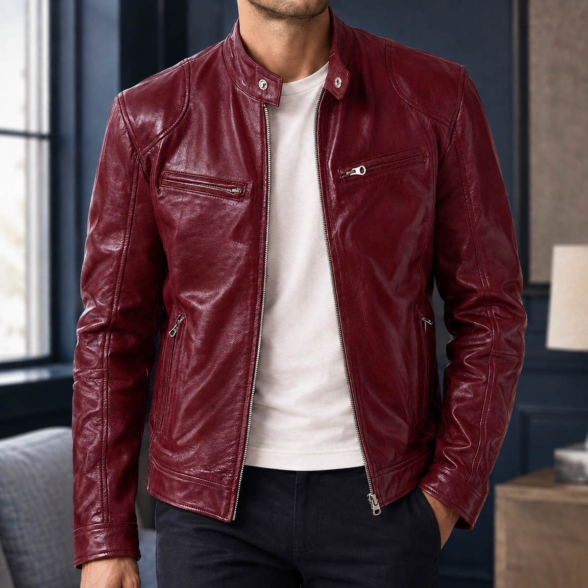 Cafe Racer Jacket in Red showing the snap tab collar and four zipped pockets.