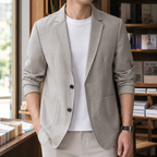 Blazer in Gray showing the notched lapels and two-button front