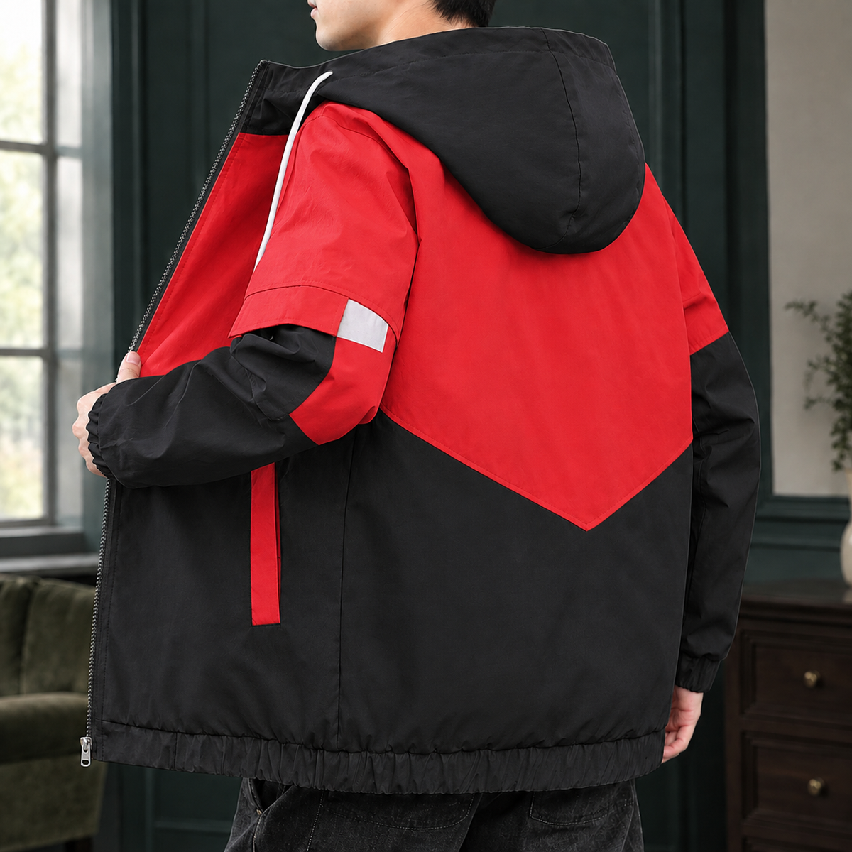 Color-Block Jacket in Red showing the graphic color blocking and drawcord hood