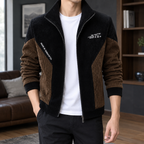 Colorblock Jacket in Black showing the ribbed color blocking and structured stand collar.