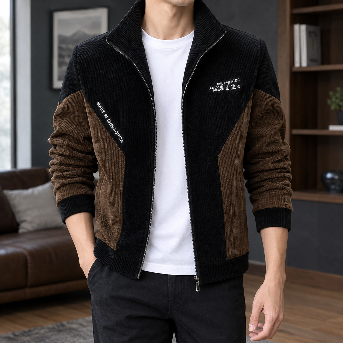 Colorblock Jacket in Black showing the ribbed color blocking and structured stand collar.