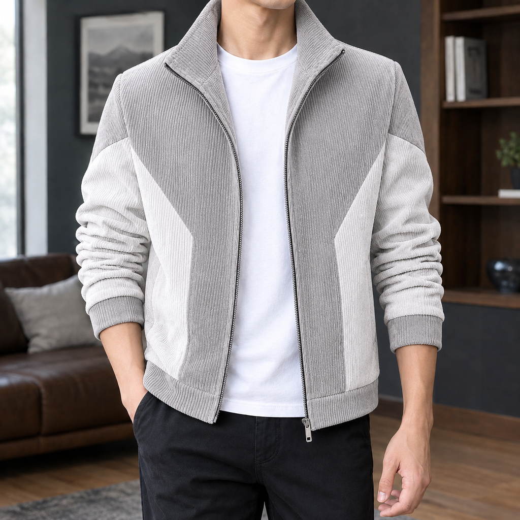 Colorblock Jacket in Off White showing the ribbed color blocking and structured stand collar.