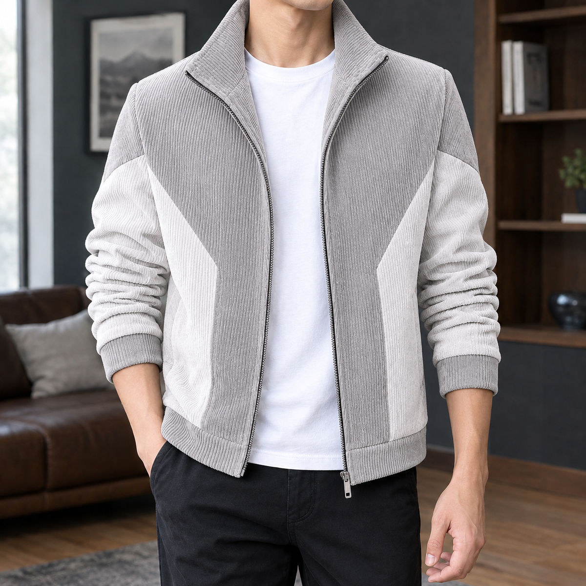Colorblock Jacket in Off White showing the ribbed color blocking and structured stand collar.