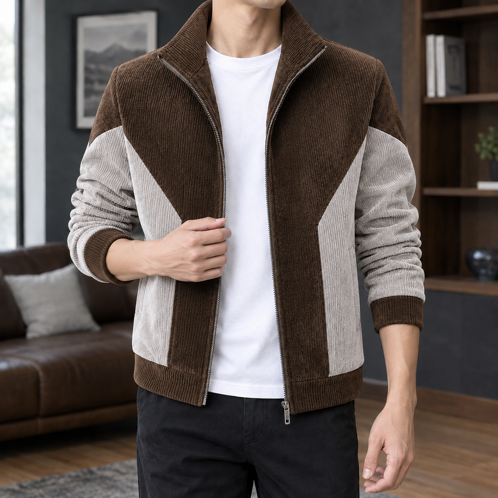 Colorblock Jacket in Brown showing the ribbed color blocking and structured stand collar.