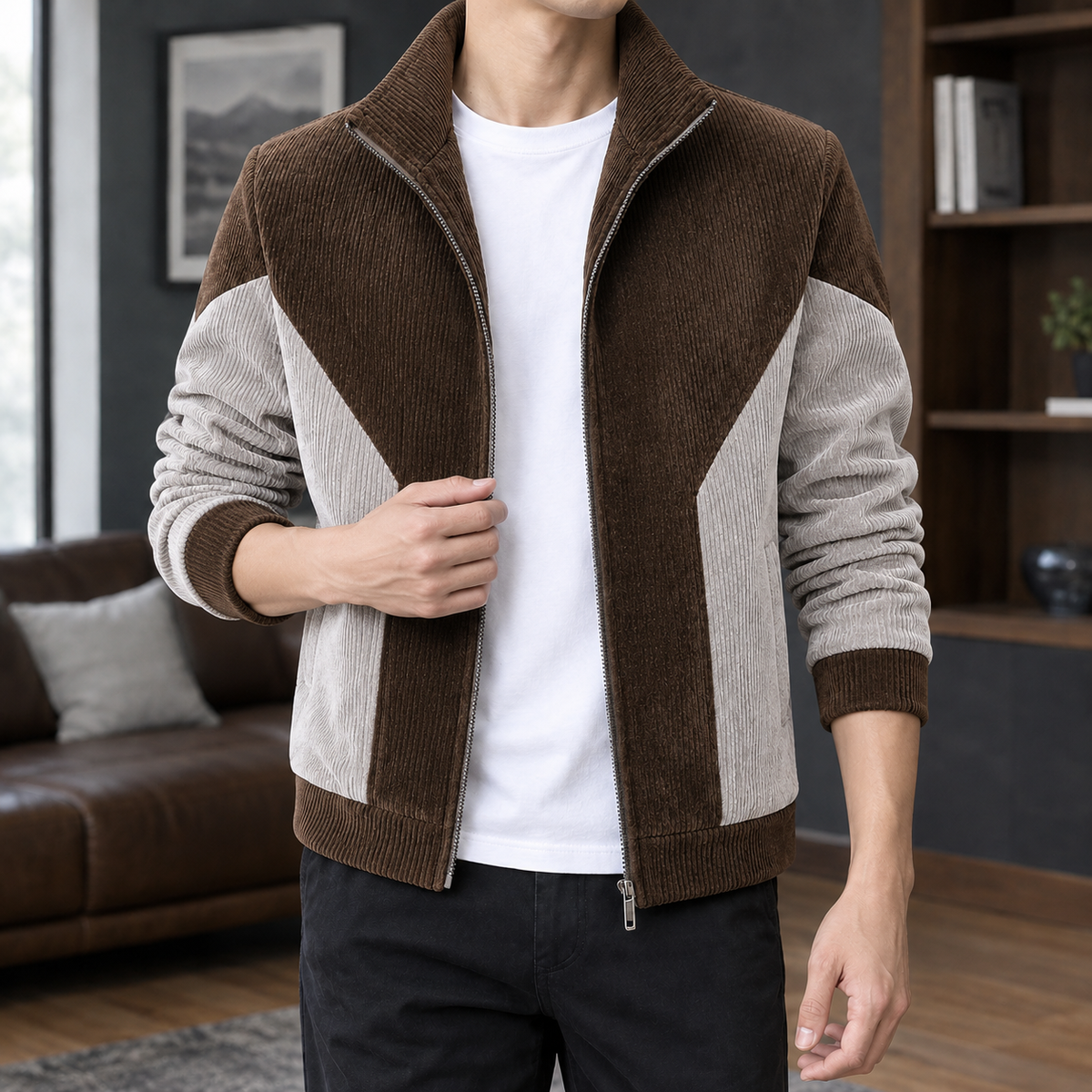 Colorblock Jacket in Brown showing the ribbed color blocking and structured stand collar.