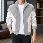 Colorblock Jacket in Off-white showing the ribbed color blocking and structured stand collar.