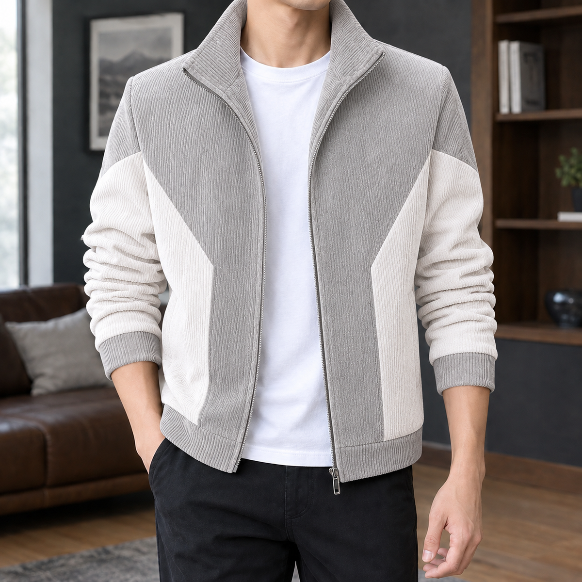 Colorblock Jacket in Off-white showing the ribbed color blocking and structured stand collar.