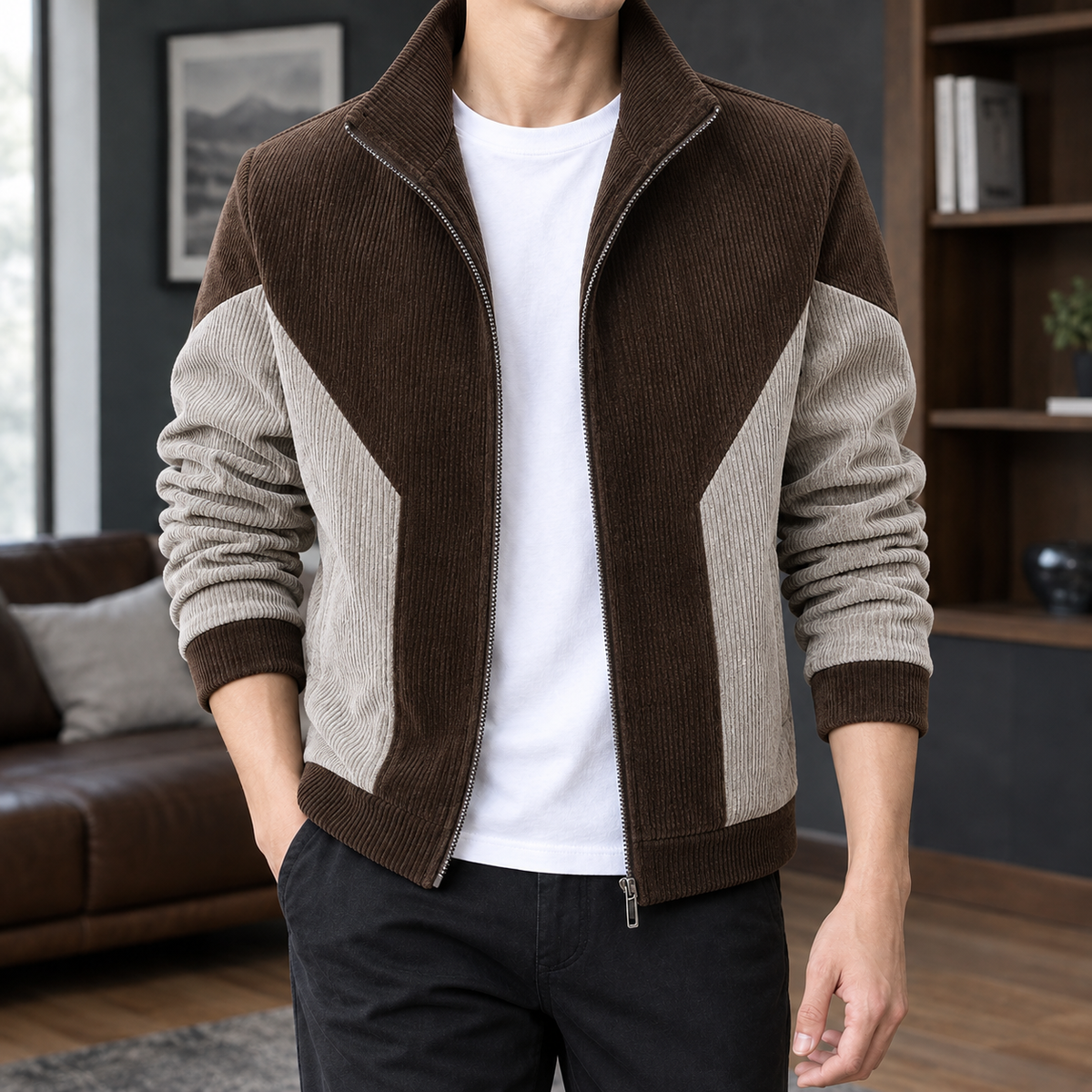 Colorblock Jacket in Coffee showing the ribbed color blocking and structured stand collar.