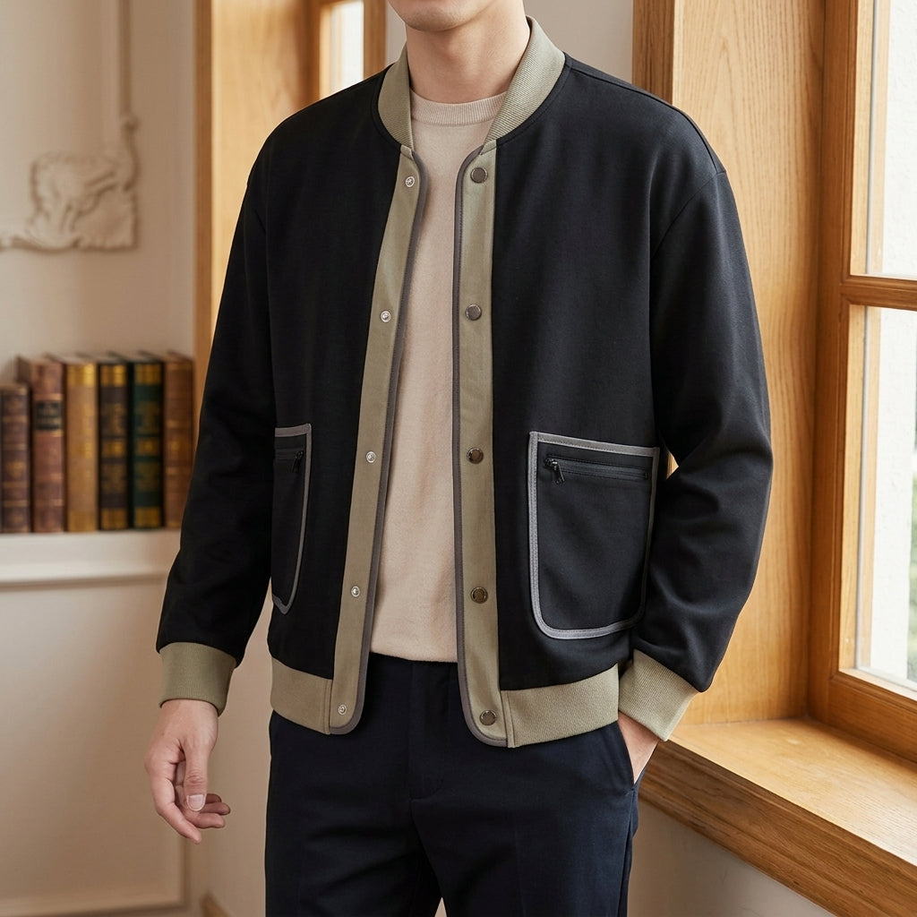 Contrast Jacket in Black showing the contrast-trimmed pockets and layered closure