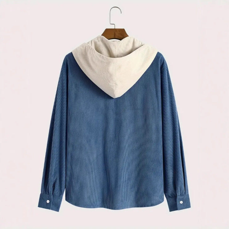 Men's Corduroy Hoodie | Button Front Drawstring Cotton Blend - image 2
