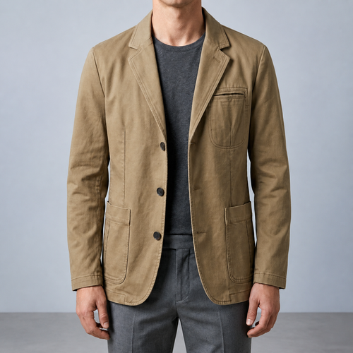 Khaki mens denim blazer with button front and patch pockets, worn over a charcoal shirt.