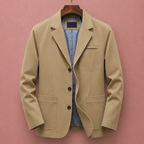 Khaki blazer on hanger, front