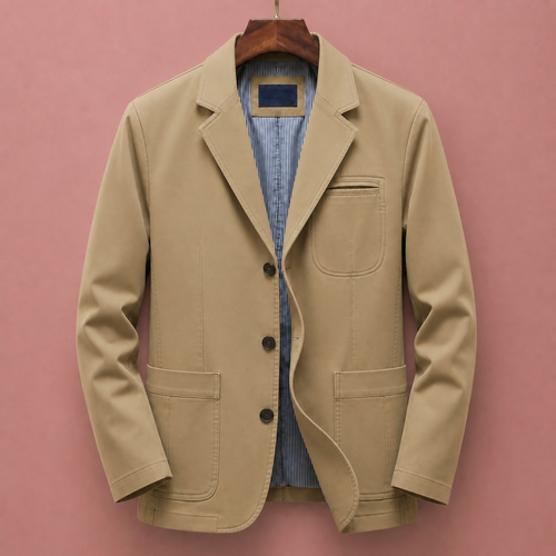 Khaki blazer on hanger, front