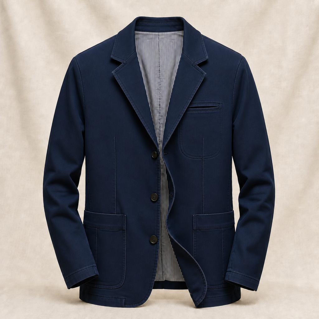 Dark denim blue blazer, front view