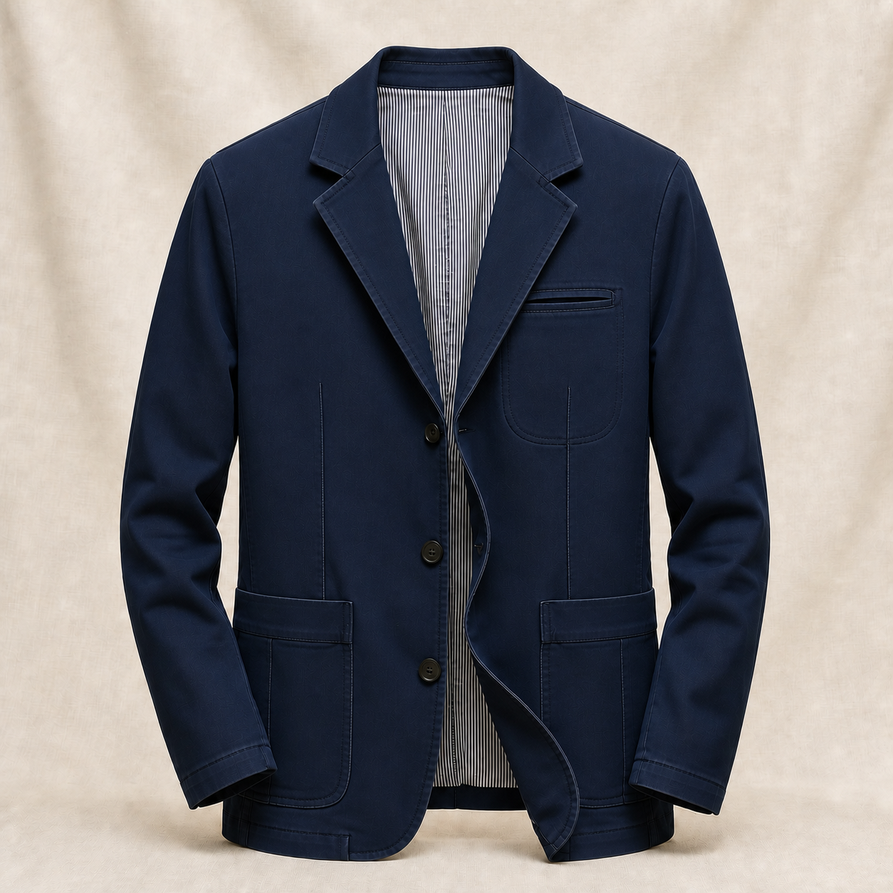 Dark denim blue blazer, front view