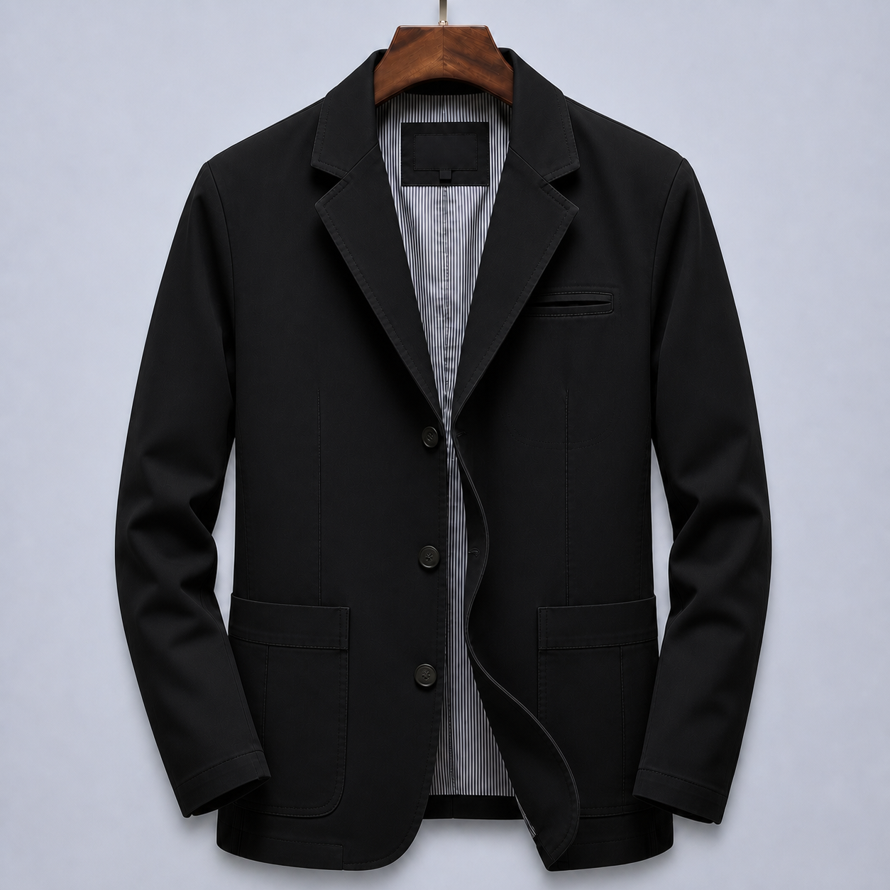 Black blazer on hanger, front